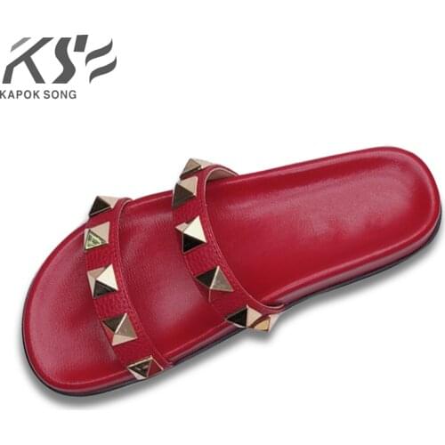 2018 Revit slide sandals women luxury designer genuine cow really leather lady shoes V flats slippers women fashion design