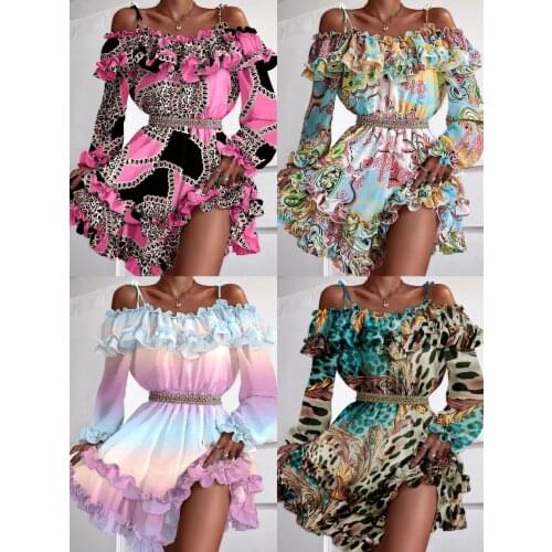 Zoctuo Print Sexy Dresses For Women Party Spaghetti Straps Princess Dresses Off Shoulder Fashion Slim Long Sleeve Dress Elegant