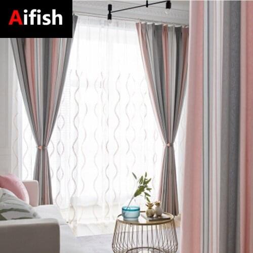 Nordic Pink/Grey Striped Curtain For Bedroom Living Room Decoration Tulle Curtains Modern Blackout Finished Window Drapes 3