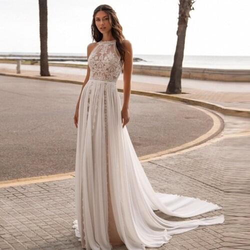 Wedding Dress 2021 Bohemian Boho Lace Chiffon Sleeveless Beach Backless Sweep Train Bride Dresses Bridal Gown Robe De Mariee New