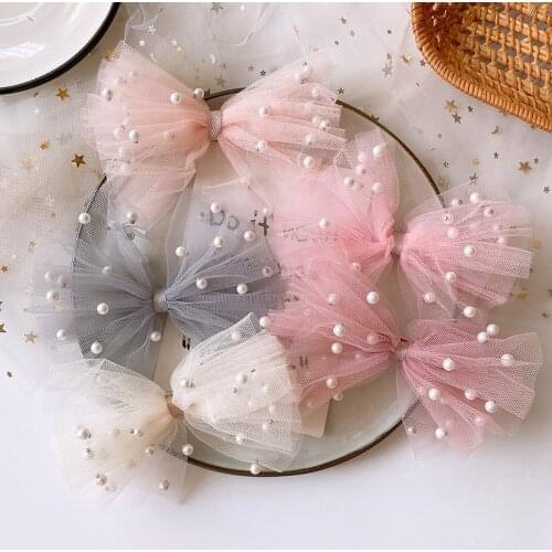 Korean Kids Girls Mesh Yarn Bow Hair Pins Imitation Pearl Girl Hair Accessories Princess Baby Lace Sequin Hair Clip