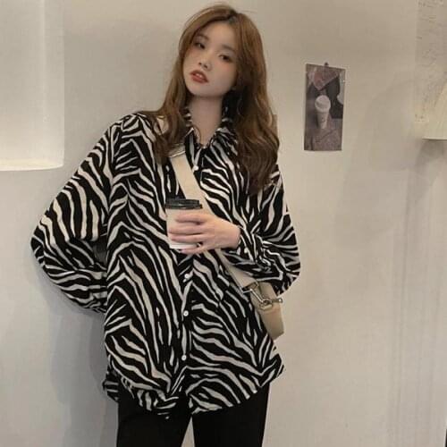 Women Vintage Zebra Striped Print Casual Loose Chiffon Blouse Office Lady Retro Long Sleeve Shirt Chic Blusas Tops