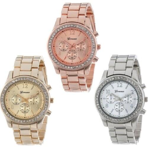 Geneva 2019 New Quartz Womens Watch Three Eyes Drill Stainless Steel Metal Watches Plating Classic Womens Crystal Watch Dress