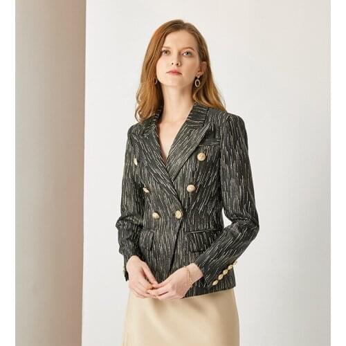 Glamoda Striped Print Vintage Women Jacket Notched Double Breasted Long Sleeve Blazer Elegant Fashion Coat Plus Size