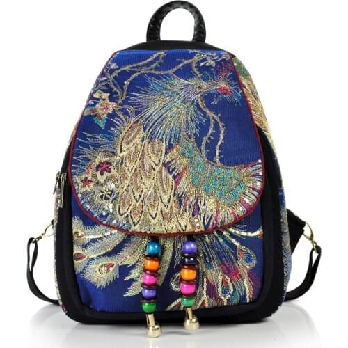 Lady Backpack Ethnic Embroidery New Female Bag Peacock Embroidered Bag Canvas Womens Backpack Leisure Vacation Female Backpack