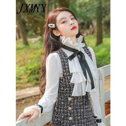 2020 Autumn Winter 2 Piece Set Overalls Dress Women Elegant Ruffles Chiffon Bow Shirt Top+Double Breasted Plaid Tweed Vest Dress