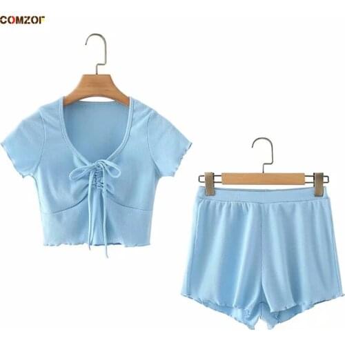 Bandage Short Sleeve T Shirt+Shorts Women 2021 Summer 2 Piece Set INS Crop Top V-Neck High Waist Suits Clothing Ensemble Femme