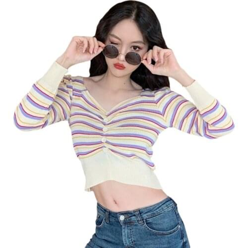 Womens Button Knitted Pullover T-Shirt V Neck Sexy Slim Striped Expose Navel Long-sleeved Autumn Tops