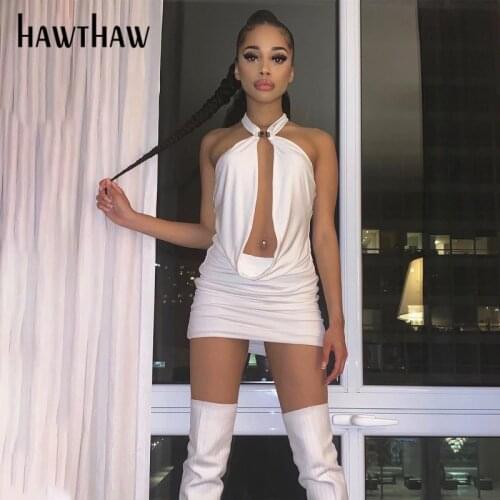 Hawthaw Women Summer Halter Hollow Out Bodycon Solid Color Backless Package Hip Mini Dress 2021 Female Clothing Streetwear
