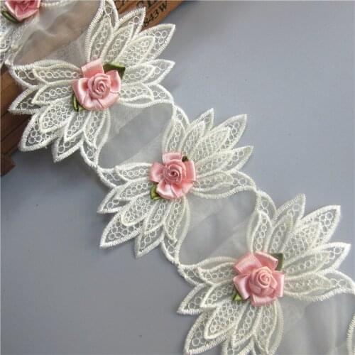 1yard Apricot Net Voile Flower Lace Trim Embroidered Lace Ribbon Fabric Sewing Supplies Craft For Costume Dress Hat Decoration