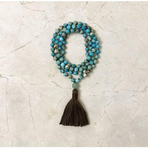 108 mala beads Necklace Sea Sediment Imperial Jaspers necklace Hand Knotted Meditation Necklaces Yoga tassel Bule necklace