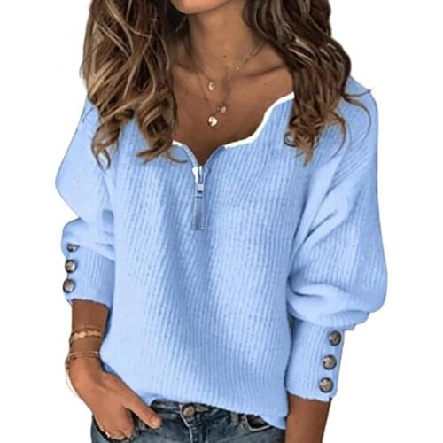 2021 Spring/Autumn Women Sweater Pullover Zip V Neck Long Sleeve Buttons Cuff Plus Size Loose Pullover Sweater Blouse