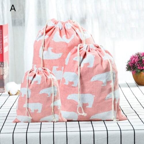 3PCS/Set Cartoon Printed Cotton Linen Drawstring Bag Sundries Underwear Travel Storage Multi-Function Bag Gift