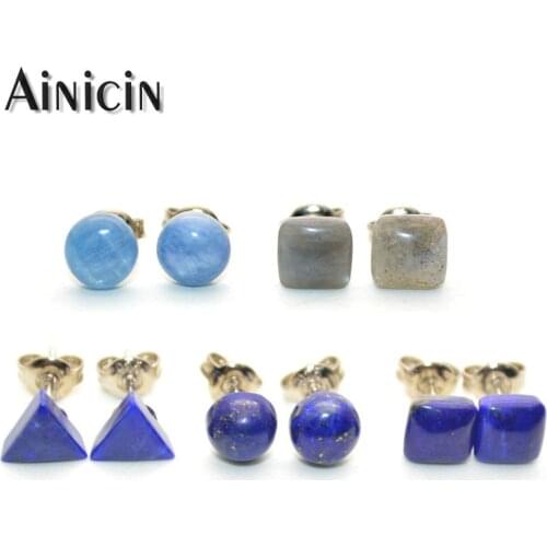 Natural Semi-precious Stone Triangle Square Round Shape Stud Earrings Blue Lapis Labraborite kyanite Fashion Women Jewelry 5pcs