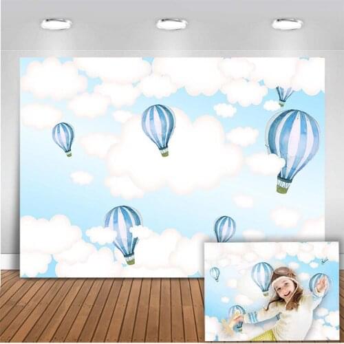 Hot Air Balloon Backdrop Kids Birthday Party Blue Sky and White Clouds Boy Baby Shower Newborn Photography Background Cake Props