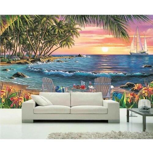 Custom mural wallpaper 3d Coconut grove double beach chair with beautiful seaside scenery photo Wallpaper rolls in the room