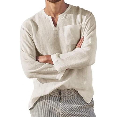 Mens T Shirts Clothes Stylish Solid Color V Neck Pocket Long Sleeve T-shirt Top Men Shirt Streetwear Cotton Linen Tees