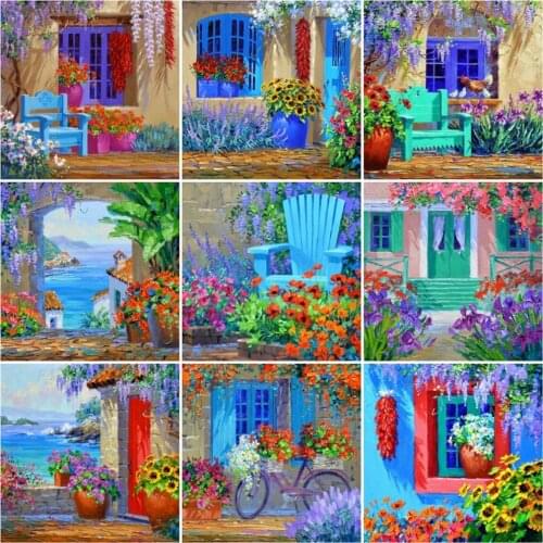 HUACAN Full Square/Round Diamond Painting Window Landscape Kits Home Decoration Embroidery Flowers Cross Stitch Wall Art