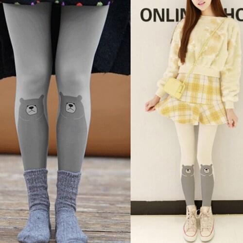 Japanese Style Kawaii Bear Cartoon Printed Tights, Opaque Grey/Ivory 120D Velvet Tights