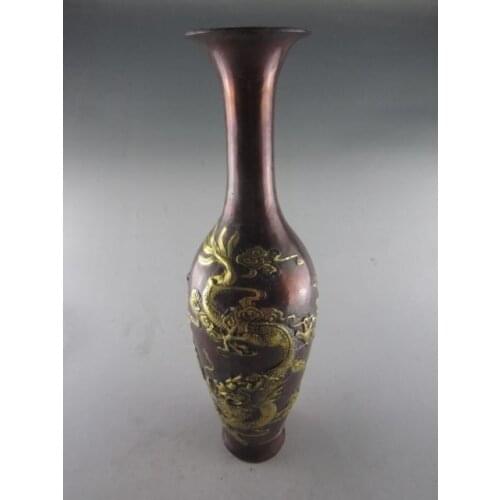Exquisito chino clásico cobre dorado dragón Fénix pájaro estatua florero