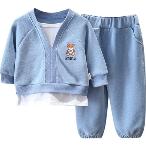 Baby Boy Girl Set Spring Autumn 2021 New Cartoon Cotton Fake Two Pieces Pullover +Trousers Suit Children Clothing Tracksuits