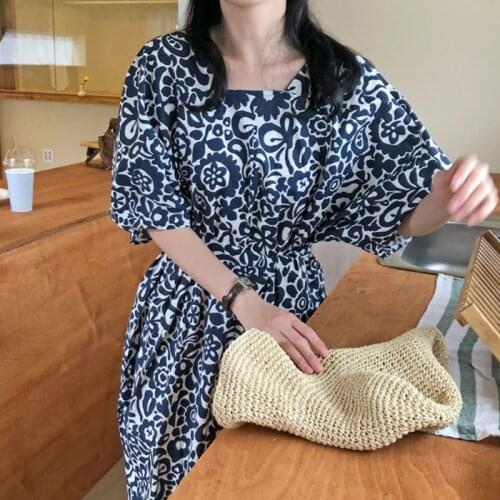 Korean Chic Retro Ethnic Style Square Collar Full Screen Design Lace-Up Waist Lantern Sleeve Split Dress Female