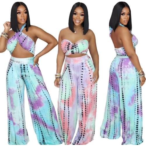 1L217 Summer Women Casual Fashion Sexy Navel Tie Dye Print Tube Top Bandage Two Piece Set Hot 2021