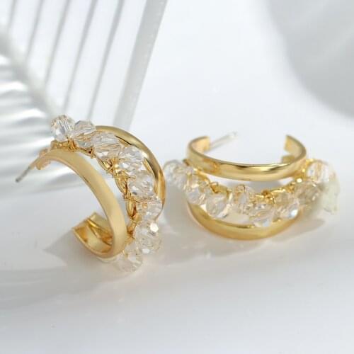 Lifefontier Gold Color Metal Crystal Hoop Earrings for Women Vintage Geometric Round C Shaped Earrings Korean Fashion Jewelry