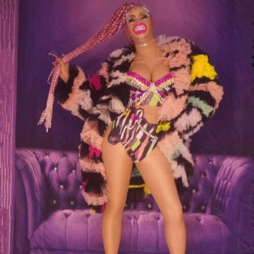 Multi-color Fluffy Mesh Cloak Loose Coat Rhinestone Graffiti Bra Short Dance Outfit Birthday Party Dancer Singer Sexy Stage Wear