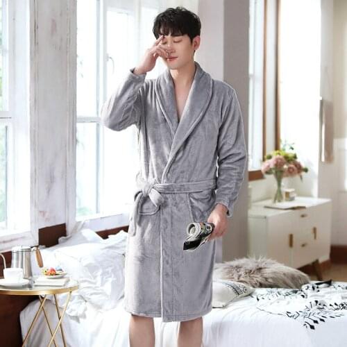 Mens Winter Warm Robes Thicken Plush Shawl Flannel Bathrobe Kimono Home Clothes Male Long Sleeved Robe Coat Peignoir homme Hot