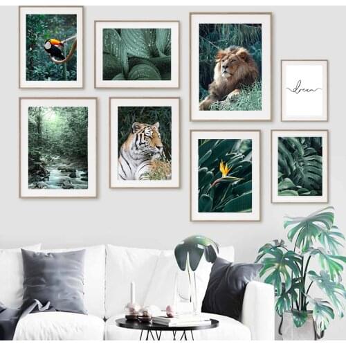 Jungle Wild Lion Tiger Bird Monstera Leaf Wall Art Canvas Painting Nordic Poster And Prints Wall Pictures For Living Room Decor