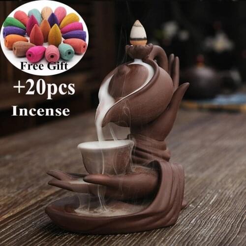 Newest Buddha Hand and Teapot Backflow Incense Burner Smoke Waterfall Incense Holder Meditation Ceramic Aromatherapy Censer