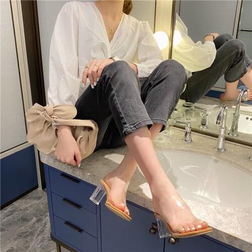 Summer new PVC jelly slippers women shoes open toed sexy high heels crystal women transparent heel sandals slides pumps dress