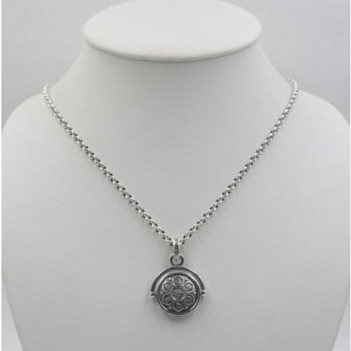 Sterling S925 Silver Bless Six-word Motto Flower Pendant & 18inch Rolo Cable Chain Link Necklace