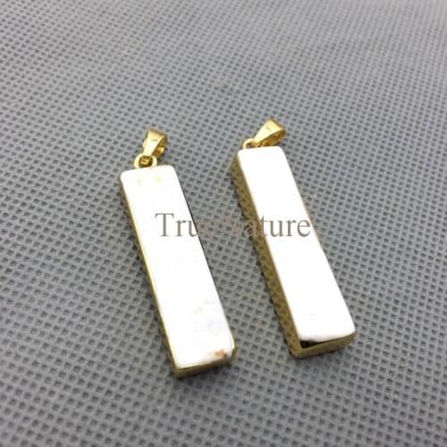 White Howlite Stone Bar, Turquoises Rectangle Charm, Gold Electroplated Pendants, Double Bails For Necklace In 35*9 mm PM4350