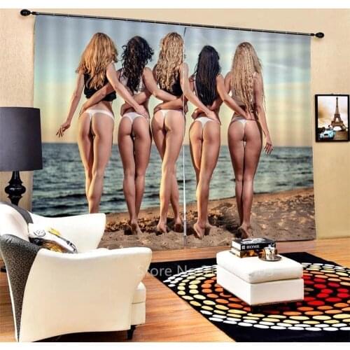 3D Beach Sexy Girls Windows Curtains for Living Room Bedroom Blackout Kitchen Curtains Drapes Window Treatments Rustic Style
