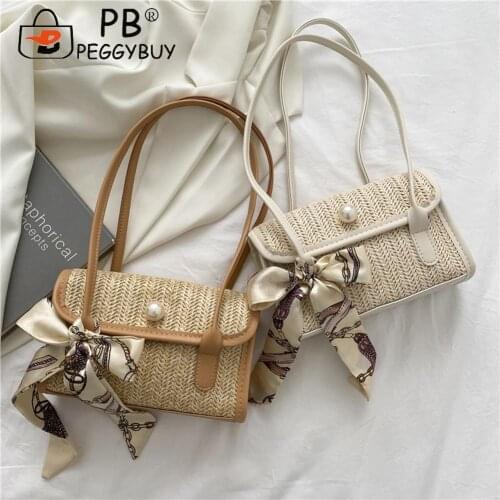 Beach Shoulder Bow Bags Handbag Retro Women Silk Scarf Straw Woven Pearl Top-Handle Small Shoulder Underarm Bags
