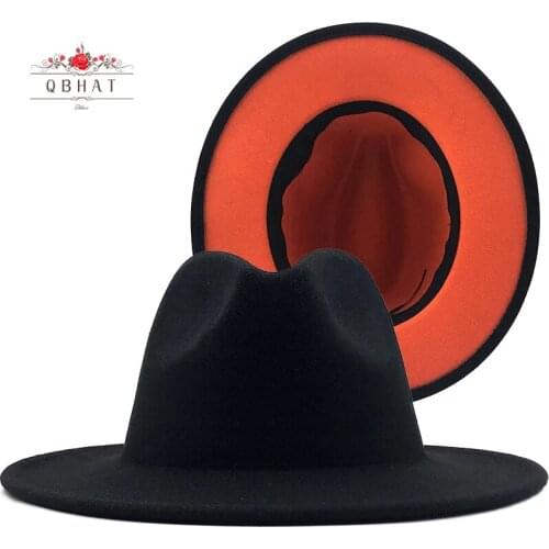 QBHAT New Outer Black Inner Orange White Green Tan Red Wool Felt Jazz Fedora Hats with Belt Buckle Wide Brim Panama Cap 60CM