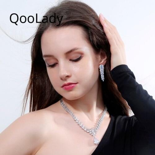 QooLady Trendy Sparkling White Cubic Zirconia Leaf Dorp Earrings Pendant Necklace Naija Bridal Statement Luxury Jewelry Set Z082