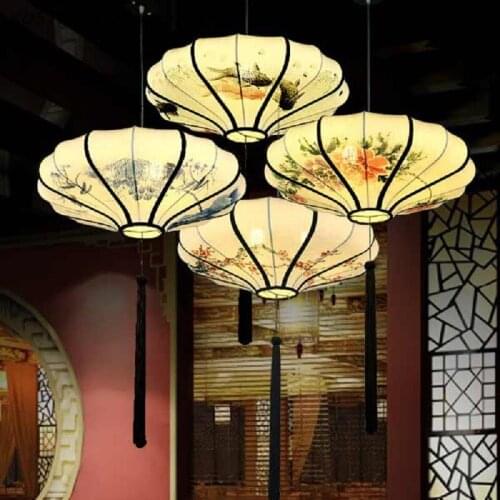 Hand Painting Round Iron Fabric Lantern Shade Pendant Light Fixture Chinese Style Foyer Dining Table Study Room Hallway Project