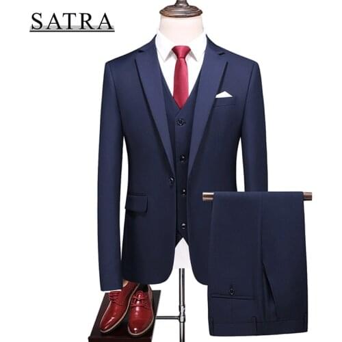 SATRA 2021 New Arrival High Quality Three-piece Male Casual Business Solid Suit , Mens Fashion Boutique Slim Solid Dress Suit