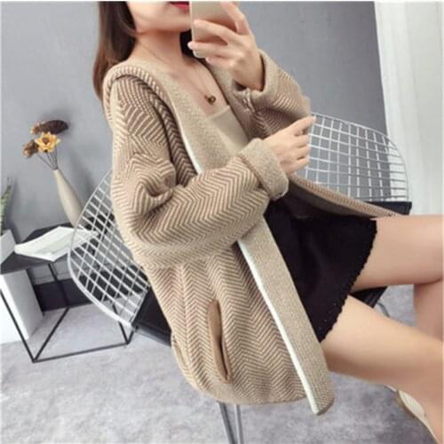 Plus size Hooded Khaki Loose knit Cardigan Sweater Women jacket 2020 New Autumn winter Korean Sweaters Cardigan Female Tops
