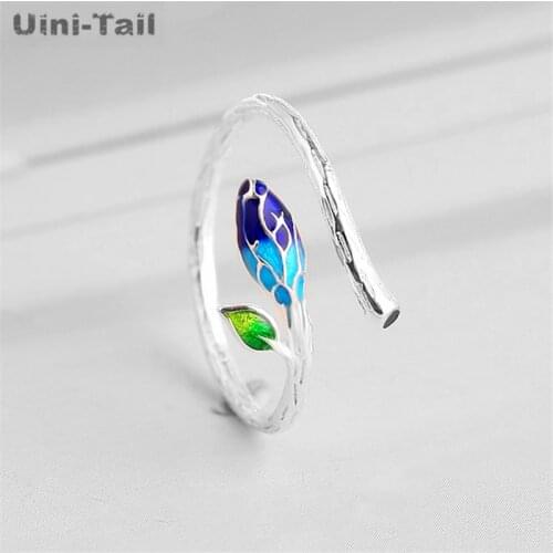 Uini Tail new design hot sale 925 sterling silver blue flower open ring simple and fresh epoxy flower bud leaf high quality
