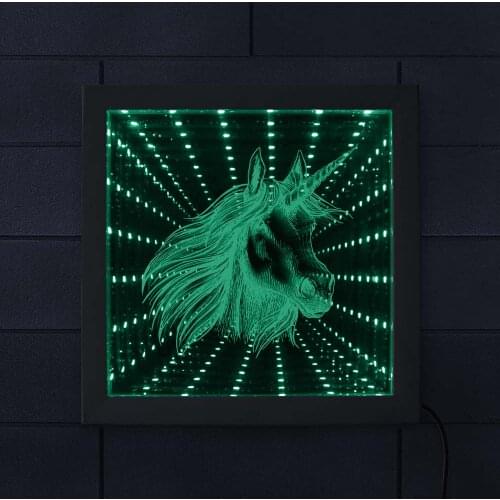 Magical Unicorn LED Stunning Optical Illusion Infinity Mirror Frame Kylin Nursery Decor Wall Art Tunnel Vision Mirrored light