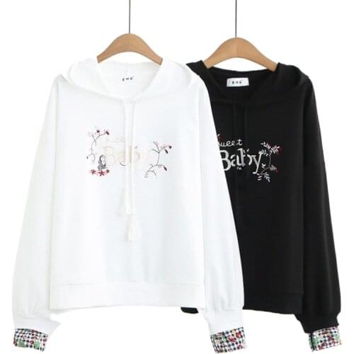Japan Style Letter Embroidery Harajuku Long Sleeve Hooded Sweatshirt Women Hoodie Spring Girl Stitching Sleeve Pullover 2112641
