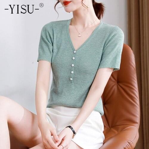 YISU Women Simple Wool Summer Thin section Sweater V-Neck Female Casual Jumper Solid color 2021 Short sleeve Knitted Pullover