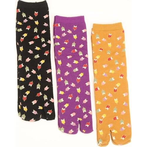 3 Pairs Women Two Finger Socks Female Japanese Style Medium Tube Plant Flower Cotton Socks Split Toe Socks