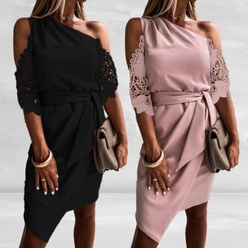 Summer Woman Dress 2021 Midi Dress Dress Off Shoulder Sexy Solid Color Summer Sleeveless Waist Lace Slim Dress for Woman