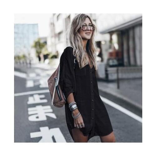 2021 newest arrival Solid Color Bikini Cover Ups Women 3/4 Sleeve V-neck Irregular Hem Button-up Shirt for Summer