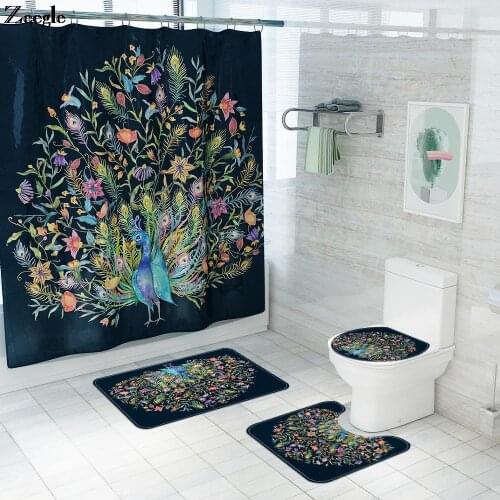 4PCS Bath Mat Set Cartoon Animal Custom Bath Mat Set Toilet Seat Cover Mat Tiger Cat Shower Curtain Set Anti-slip Bath Mat Set